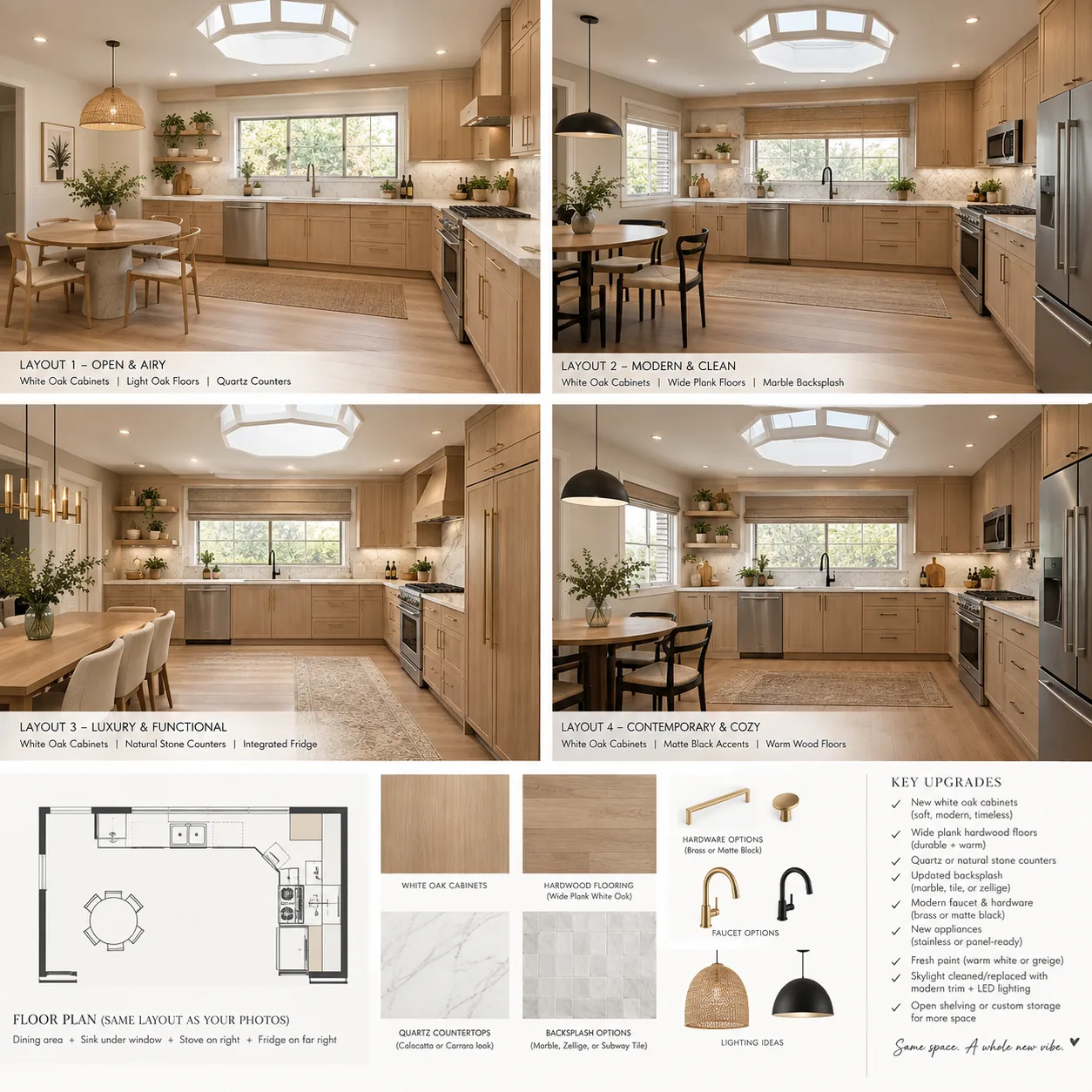 Design concept board labeled Layout 1 through Layout 4 for a white oak kitchen, part of the estimate and design process, not a finished project