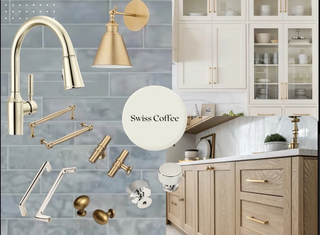 Finish concept board with a brass faucet, sconce, cabinet pulls, Swiss Coffee paint, and blue tile, part of the estimate and design process, not a finished project