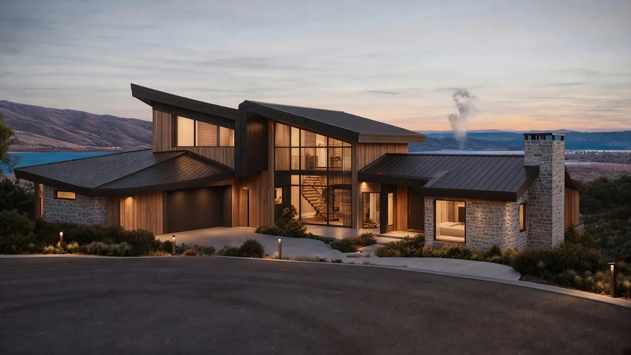 Red Ledges home at dusk with wood siding, a stone chimney, a tall lit glass stair window, and a standing-seam metal roof, with a lake and hills behind