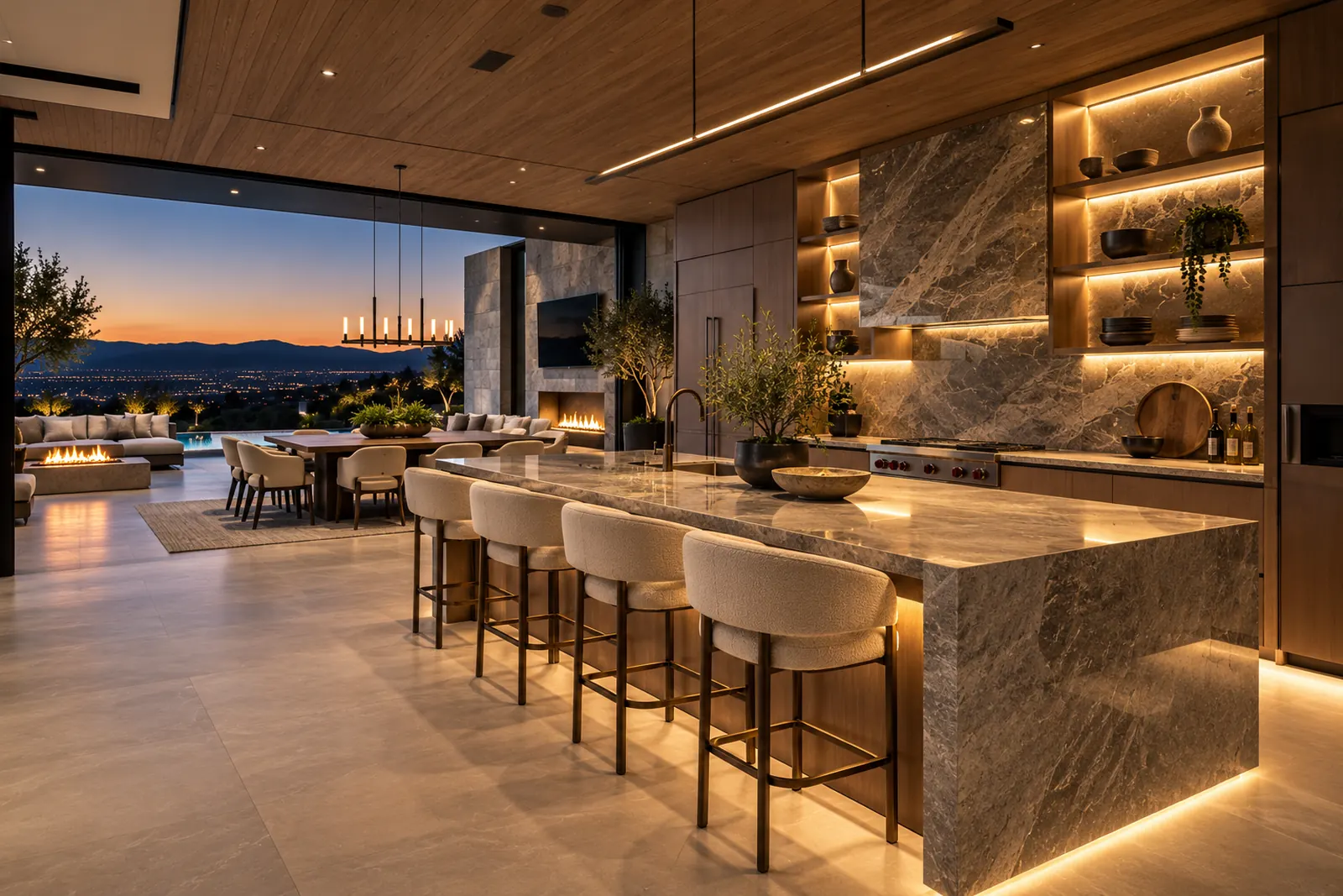 Modern kitchen remodel with waterfall marble island by Universe Construction, Utah